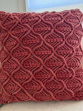 Handcrafted Textured Macramé Throw Pillow - Rust